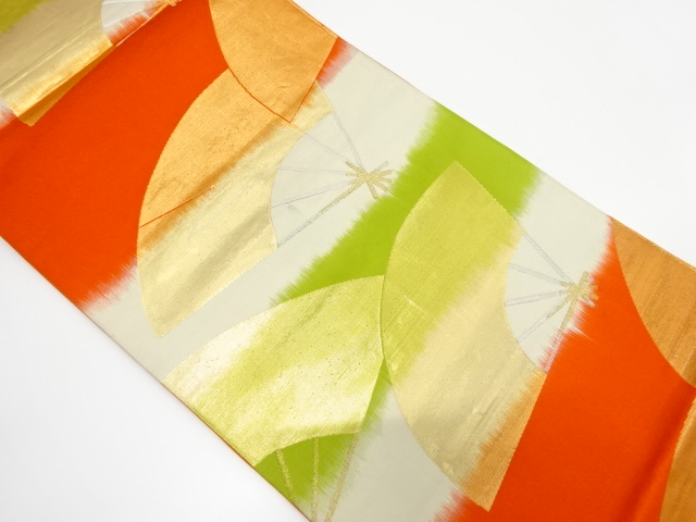 JAPANESE KIMONO / ANTIQUE FUKURO OBI / SILK / WOVEN STRIPE & FAN